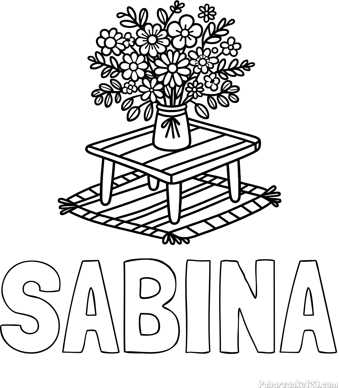 Pobarvanka imena SABINA in pobarvanka šopka rož na mizi