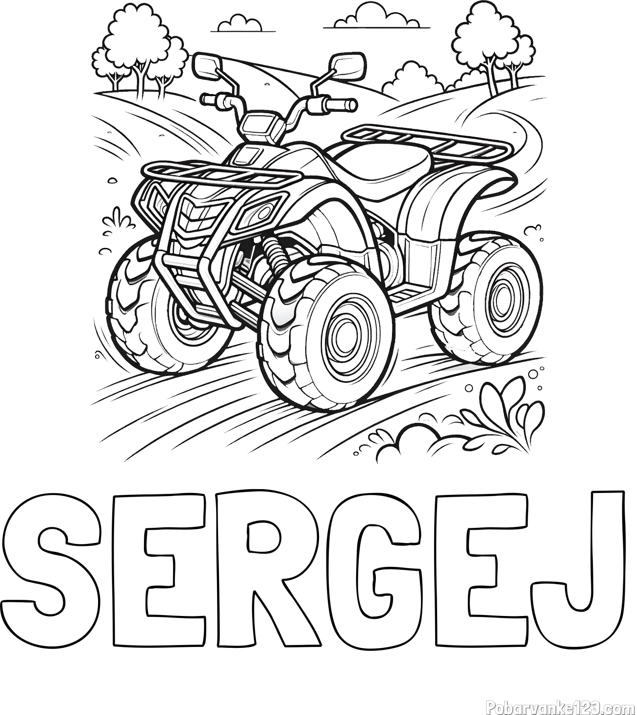 Pobarvanka imena SERGEJ in pobarvanka štirikolesnika na cesti