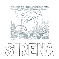 Online izdelana pobarvanka - Pobarvanka imena SIRENA in pobarvanka ljubkega delfina med plavanjem v morju