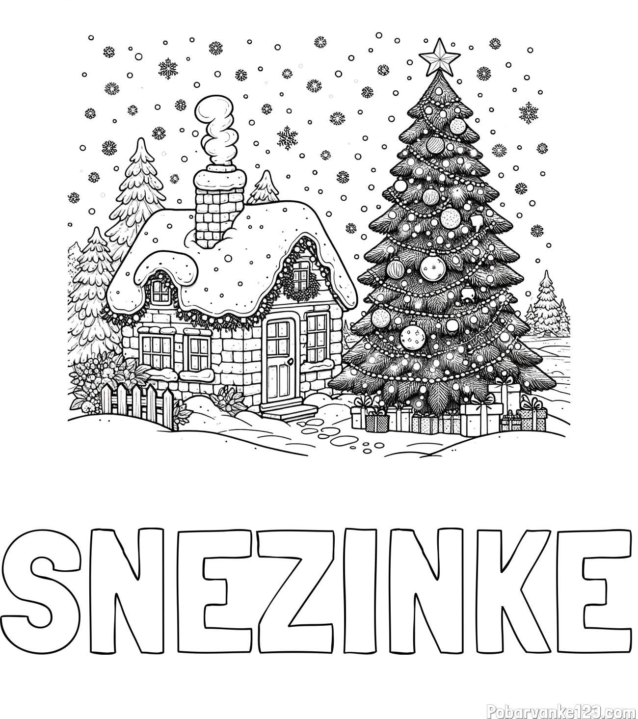 Pobarvanka imena SNEŽINKE in pobarvanka zasnežene hiške na božično noč