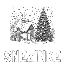 Online izdelana pobarvanka - Pobarvanka imena SNEŽINKE in pobarvanka zasnežene hiške na božično noč