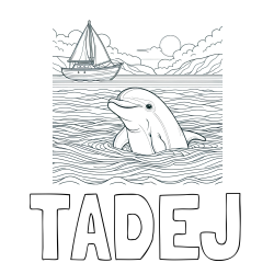 Online izdelana pobarvanka - Pobarvanka imena TADEJ in pobarvanka delfina v morju ter jadrnice