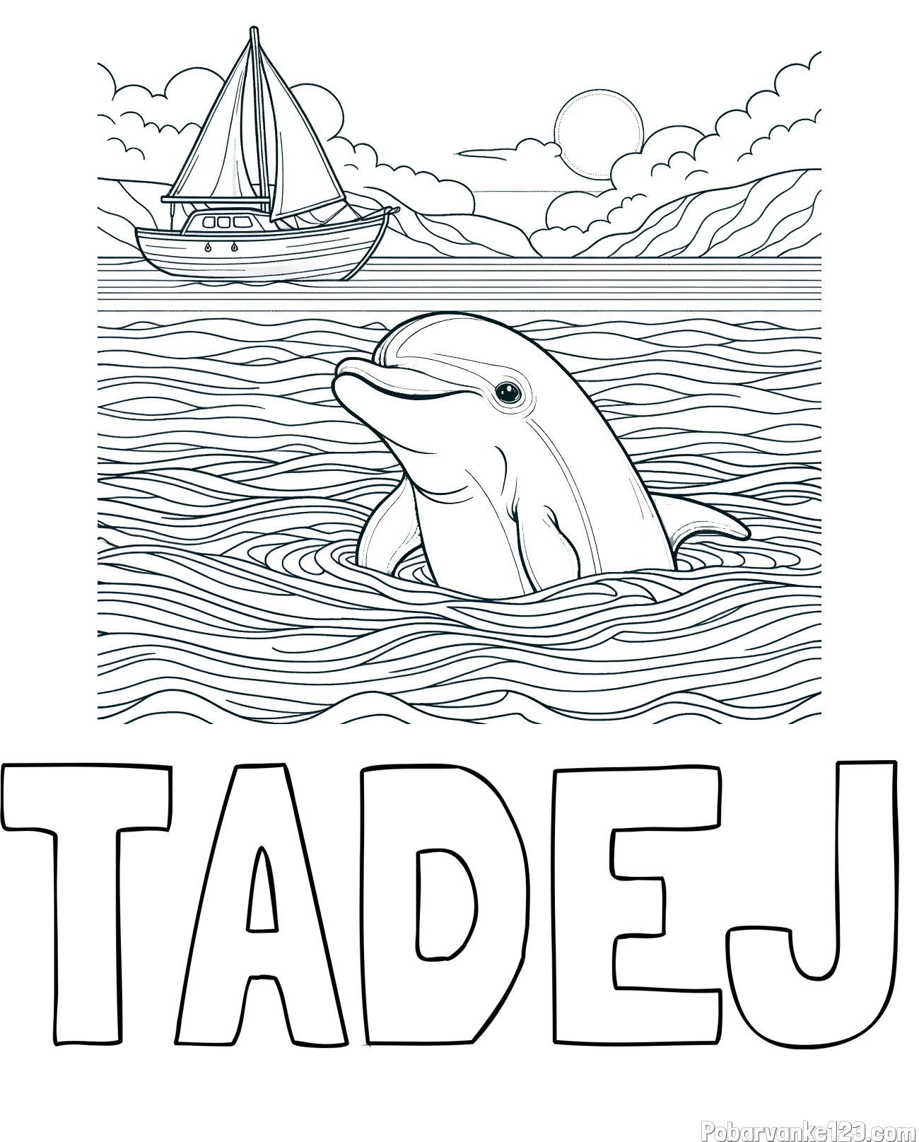 Pobarvanka imena TADEJ in pobarvanka delfina v morju ter jadrnice