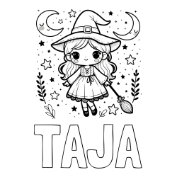 Online izdelana pobarvanka - Pobarvanka imena TAJA in pobarvanka prikupne čarovnice