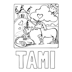 Online izdelana pobarvanka - Pobarvanka imena TAMI in pobarvanka zaljubljenih samorogov