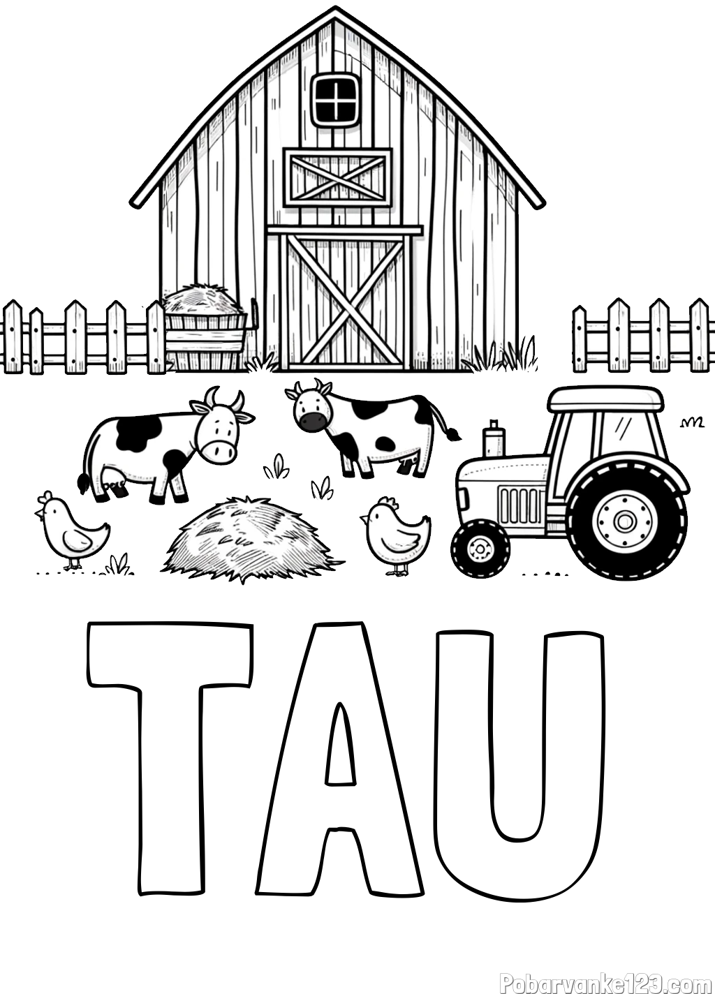 Pobarvanka imena TAU in otroška pobarvanka velikega senika, krav in traktorja