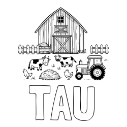 Online izdelana pobarvanka - Pobarvanka imena TAU in otroška pobarvanka velikega senika, krav in traktorja