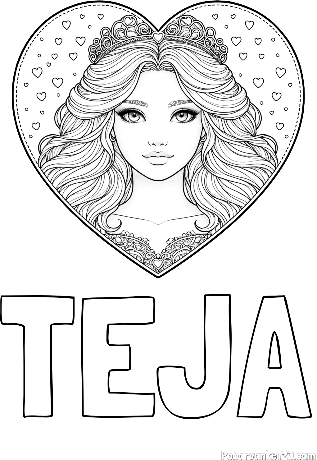 Pobarvanka imena TEJA in pobarvanka ljubke princese v srčku