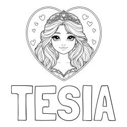 Online izdelana pobarvanka - Pobarvanka imena TESIA in pobarvanka princeske ter srčkov