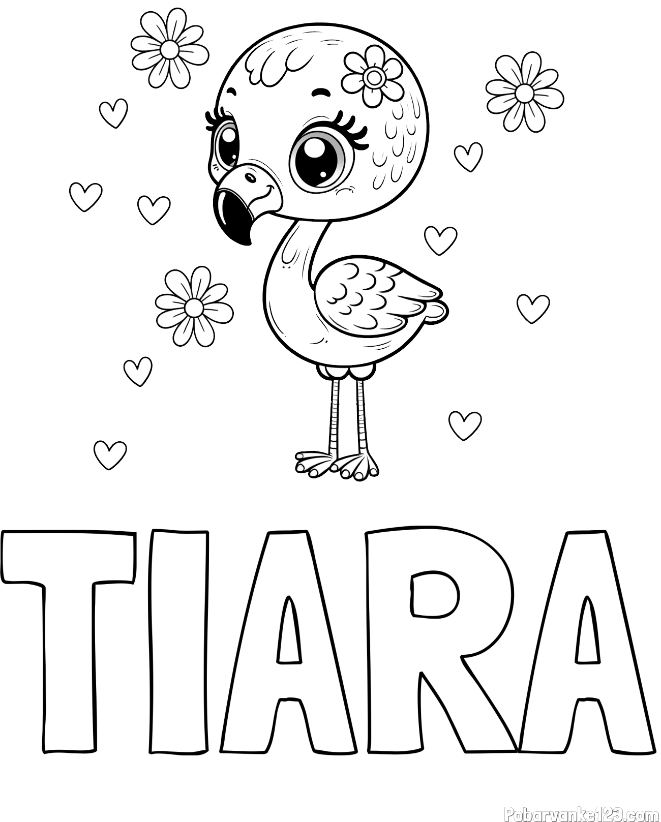 Pobarvanka imena TIARA in pobarvanka mladička flaminga z rožicami in srčki