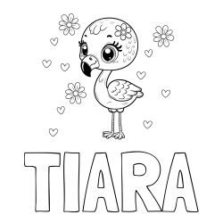 Online izdelana pobarvanka - Pobarvanka imena TIARA in pobarvanka mladička flaminga z rožicami in srčki