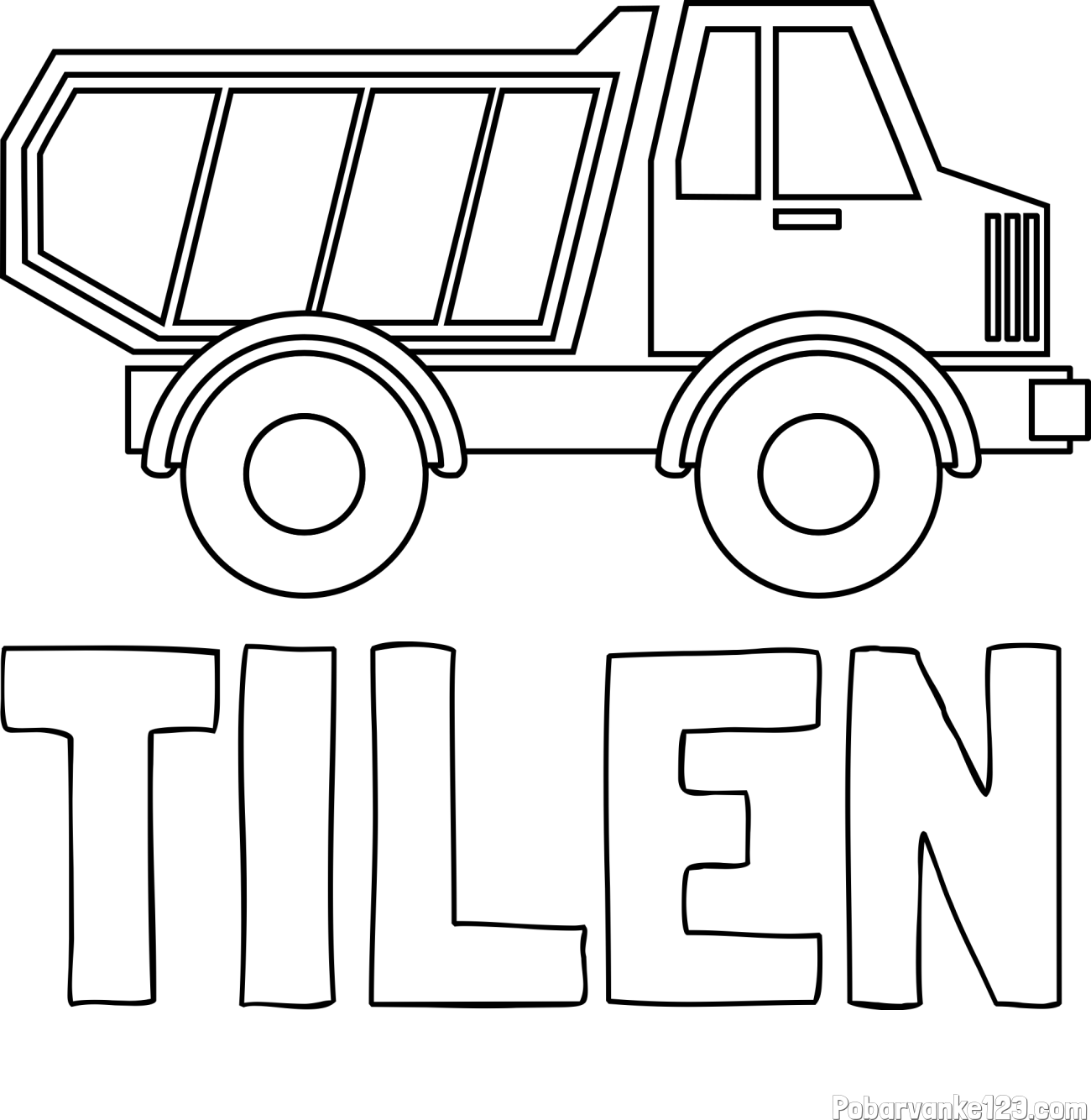 Pobarvanka imena TILEN in otroška pobarvanka tovornjaka za prevoz smeti in drugega tovora