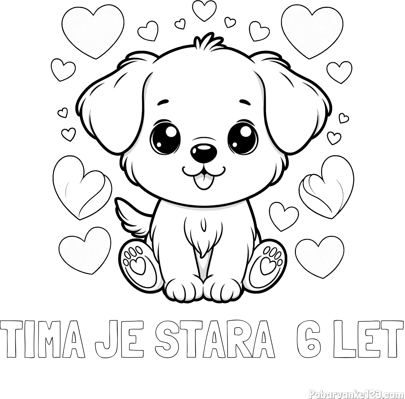 Pobarvanka imena TIMA JE STARA  6 LET in pobarvanka ljubkega kužka obdanega s srčki