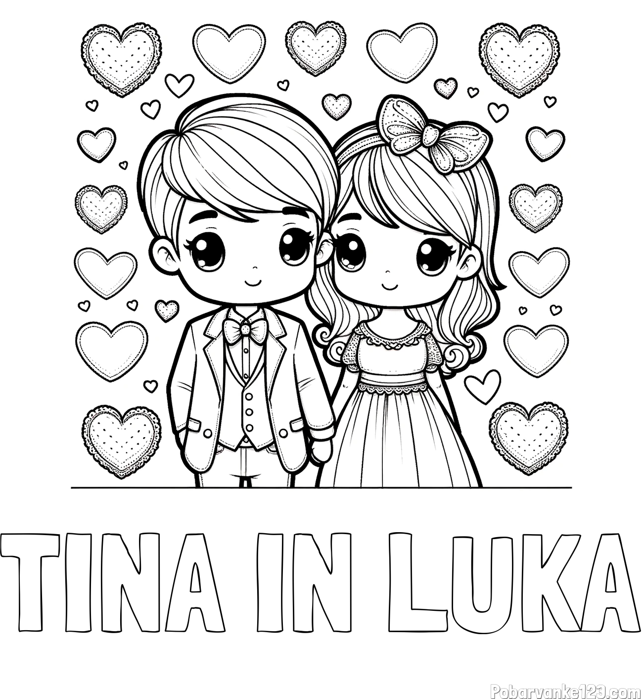 Pobarvanka imena TINA IN LUKA in pobarvanka dveh zaljubljencev s srčki