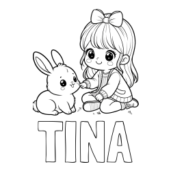 Online izdelana pobarvanka - Pobarvanka imena TINA in pobarvanka ljubke punčke, ki se igra z zajčkom