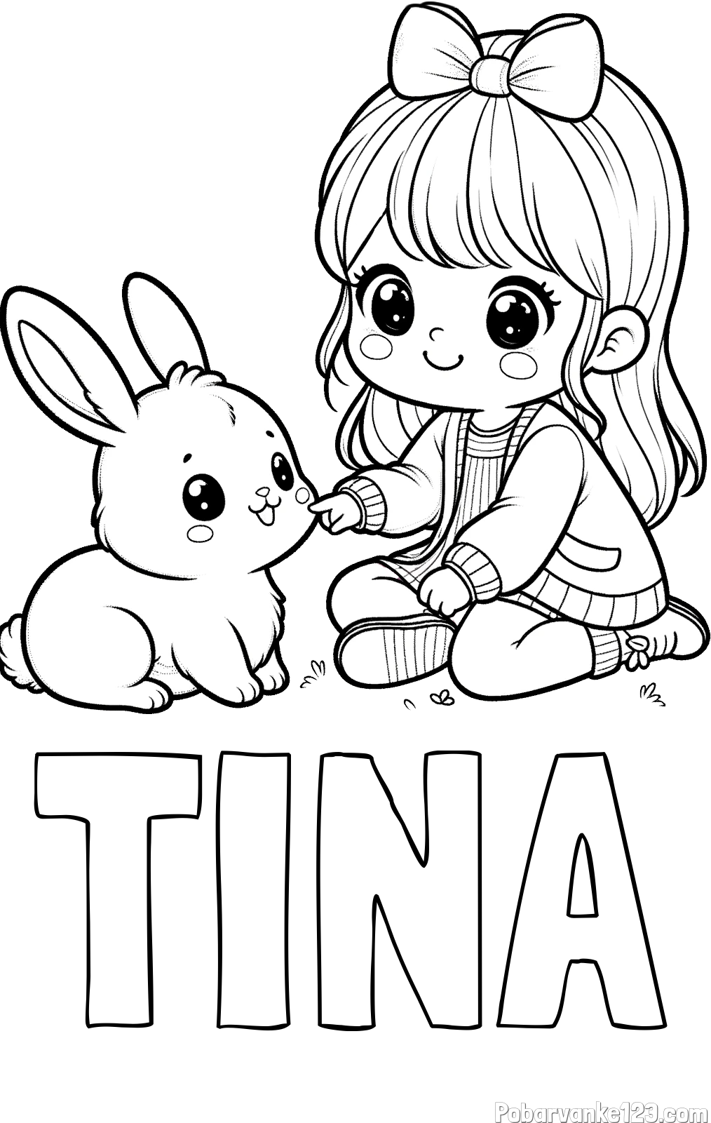 Pobarvanka imena TINA in pobarvanka ljubke punčke, ki se igra z zajčkom