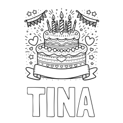 Online izdelana pobarvanka - Pobarvanka imena TINA in pobarvanka velike torte za rojstni dan