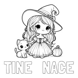 Online izdelana pobarvanka - Pobarvanka imena TINE   NACE in pobarvanka ljubke čarovnice, muce in buče