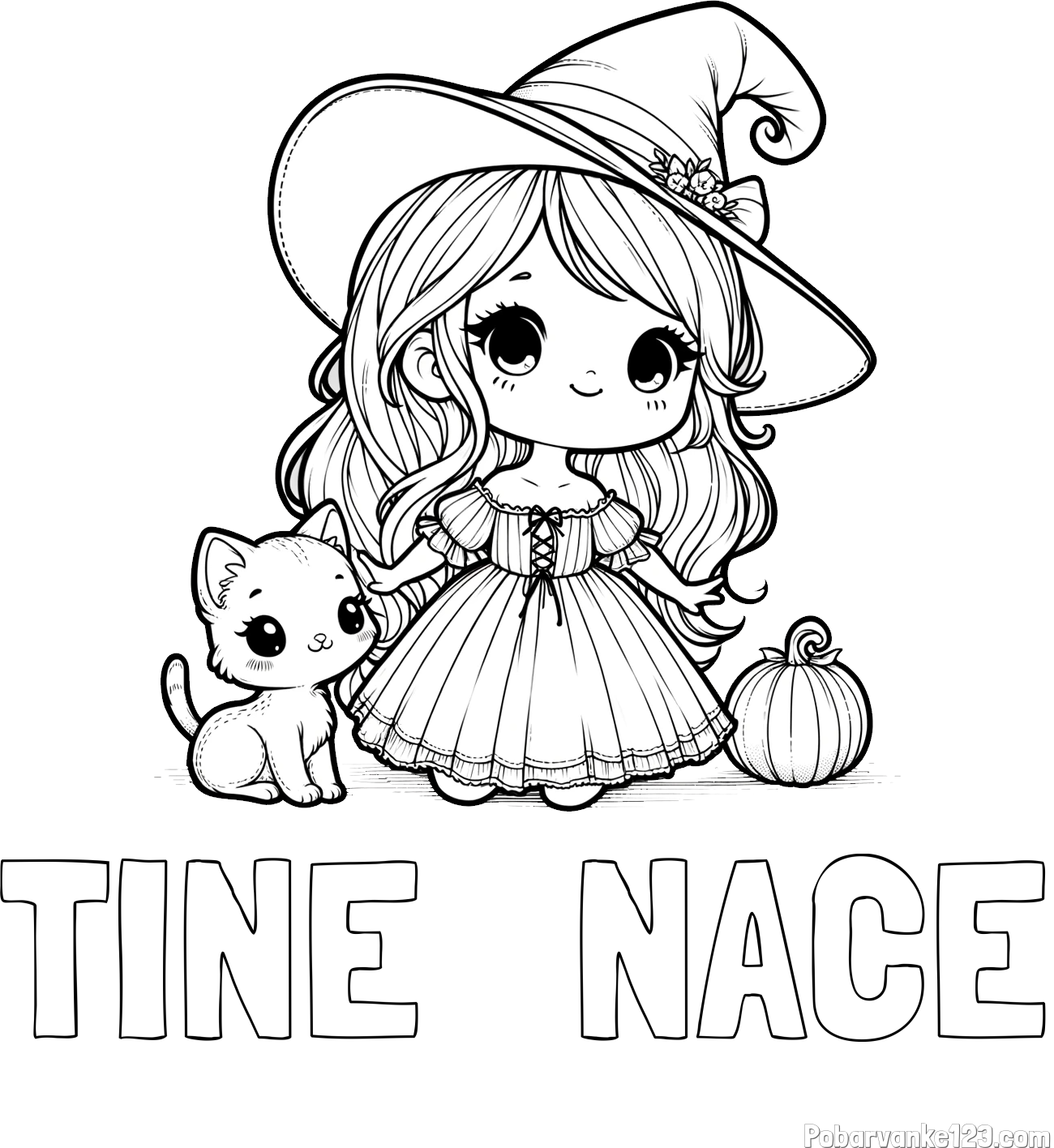 Pobarvanka imena TINE   NACE in pobarvanka ljubke čarovnice, muce in buče