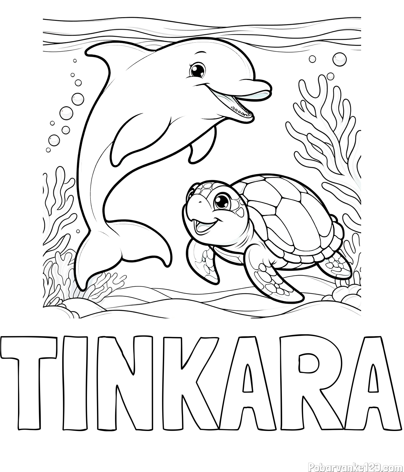 Pobarvanka imena TINKARA in pobarvanka ljubkega delfina z želvo v morju