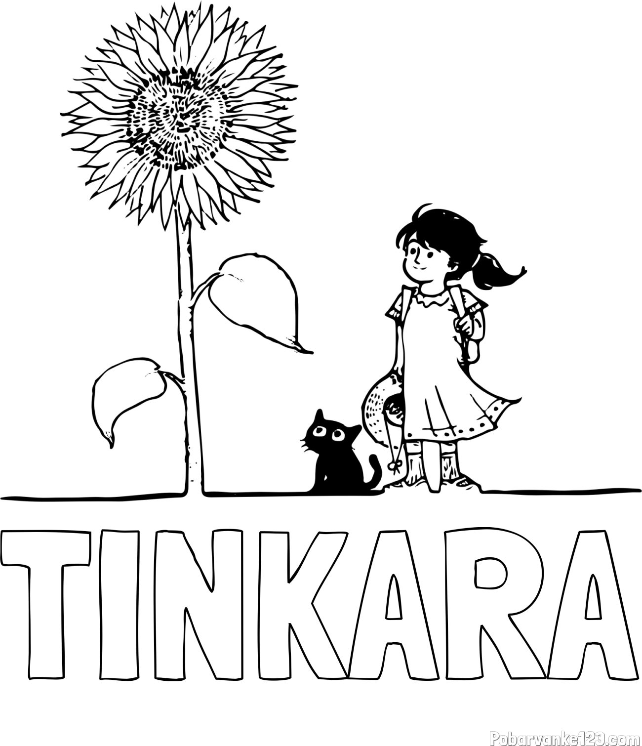 Pobarvanka imena TINKARA in pobarvanka velike sončnice, deklice in ljubkega mačka