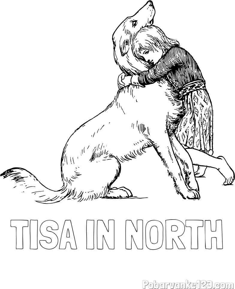 Pobarvanka imena TISA IN NORTH in pobarvanka prikupnega kužka, ki ga objema mala deklica