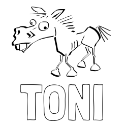Online izdelana pobarvanka - Pobarvanka imena TONI in pobarvanka smešni konj