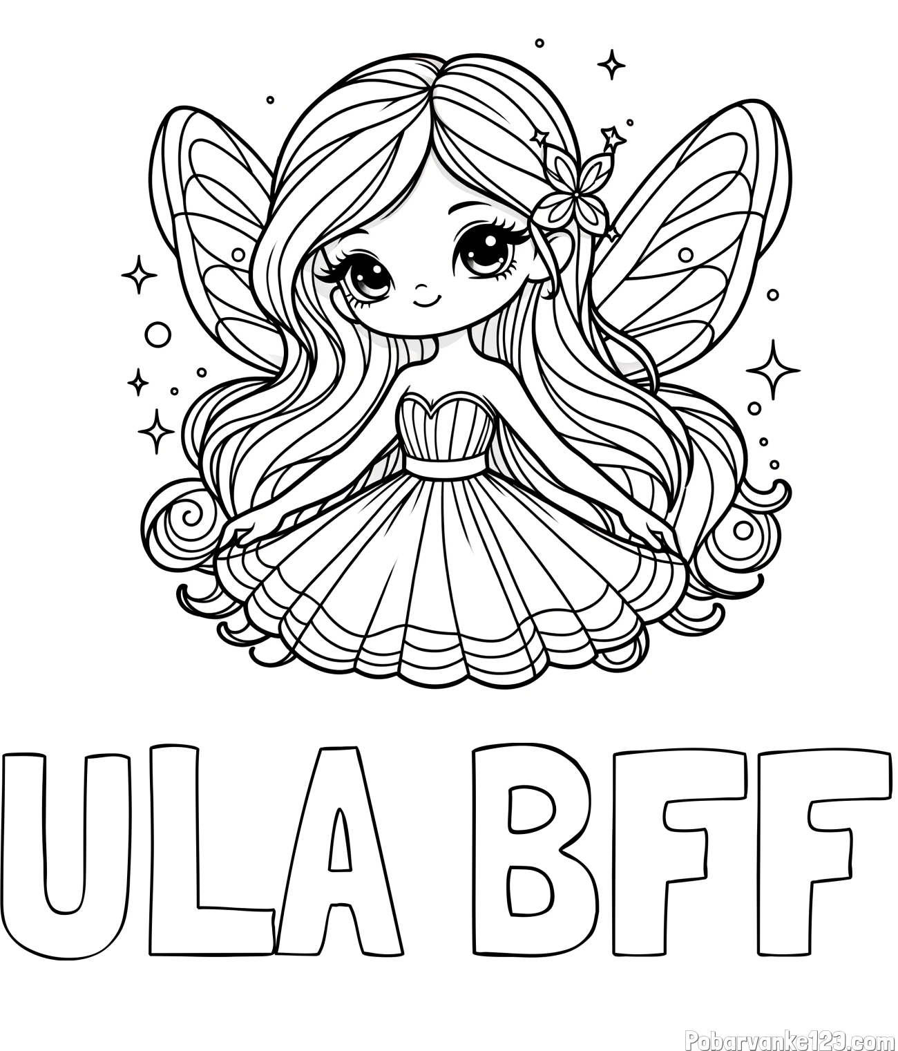Pobarvanka imena ULA BFF in pobarvanka ljubke in nasmejane čarobne vile