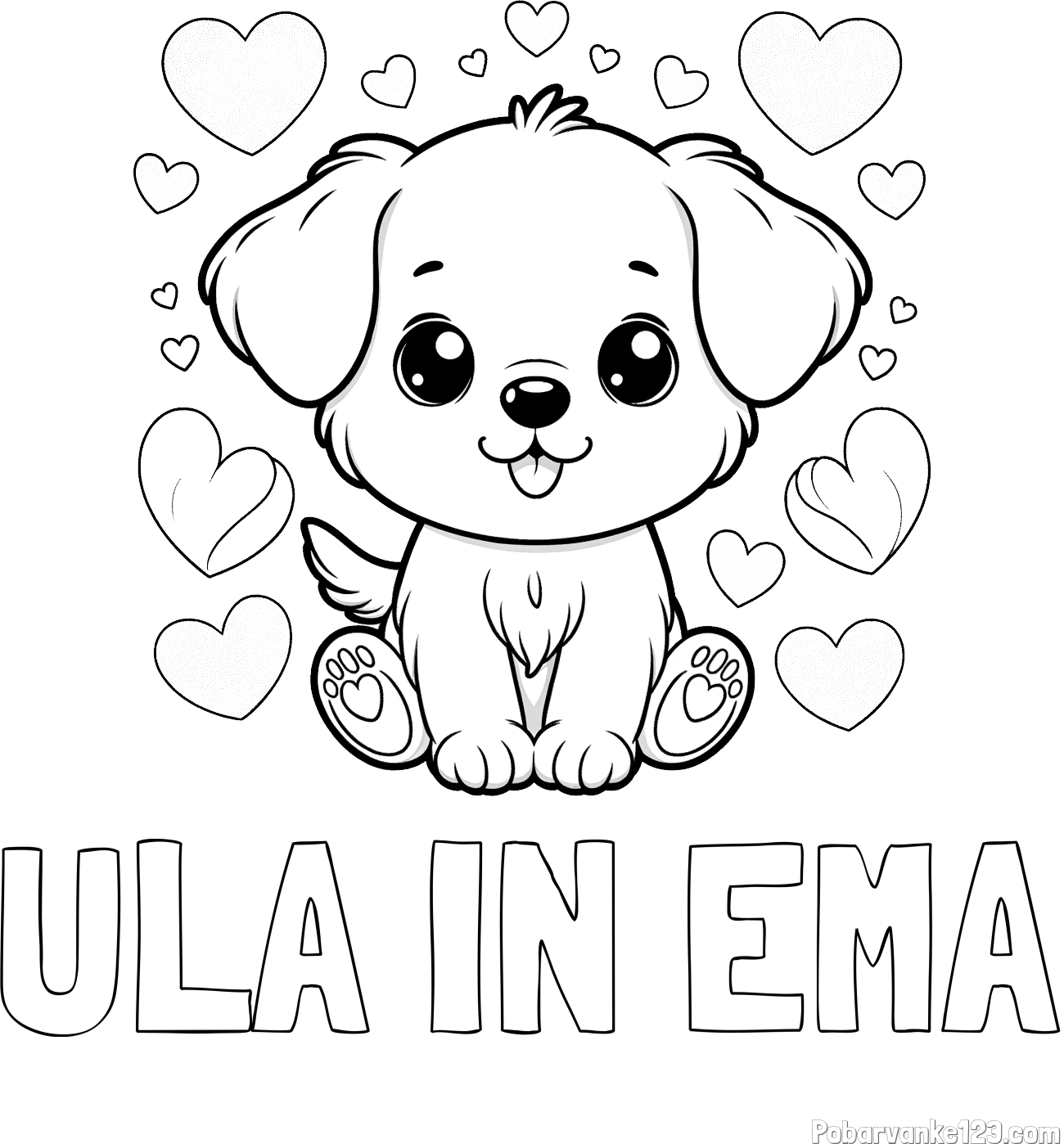 Pobarvanka imena ULA IN EMA in pobarvanka ljubkega kužka obdanega s srčki