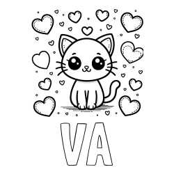 Online izdelana pobarvanka - Pobarvanka imena VA in pobarvanka ljubke mucke obdane z veliko srčki