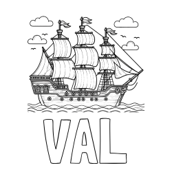 Online izdelana pobarvanka - Pobarvanka imena VAL in pobarvanka stare gusarske ladje
