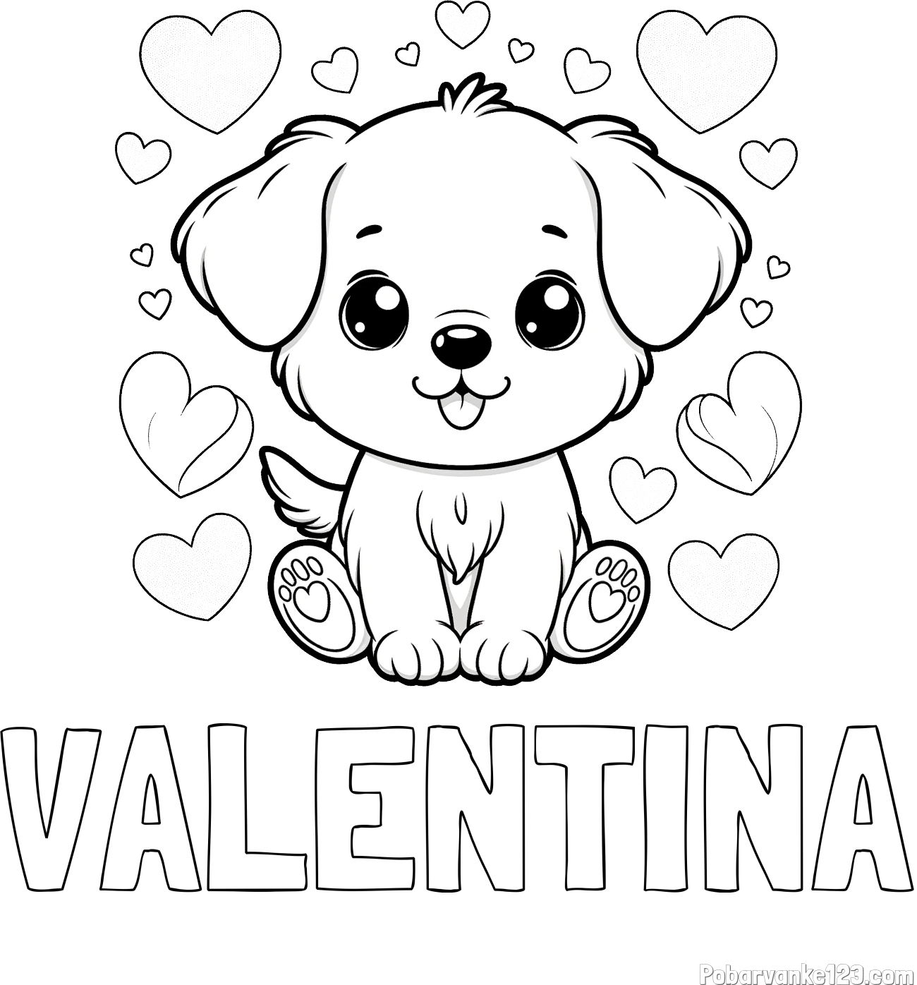 Pobarvanka imena VALENTINA in pobarvanka ljubkega kužka obdanega s srčki