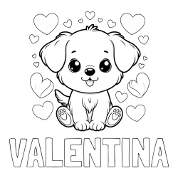 Online izdelana pobarvanka - Pobarvanka imena VALENTINA in pobarvanka ljubkega kužka obdanega s srčki