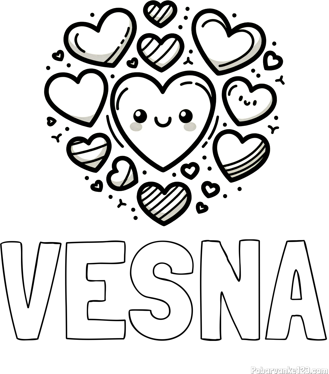 Pobarvanka imena VESNA in pobarvanka srčkov