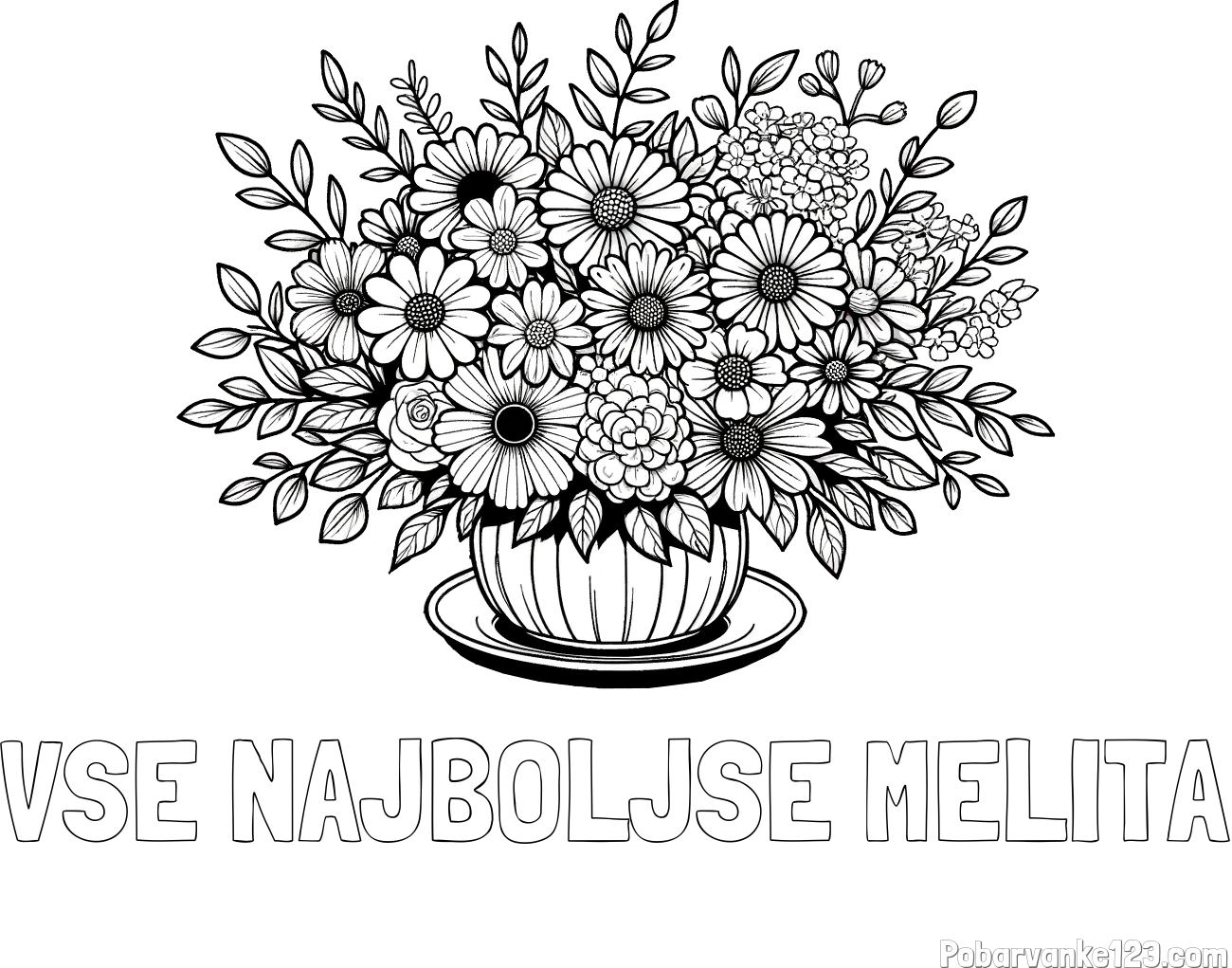 Pobarvanka imena VSE NAJBOLJŠE MELITA in pobarvanka velikega šopka rož