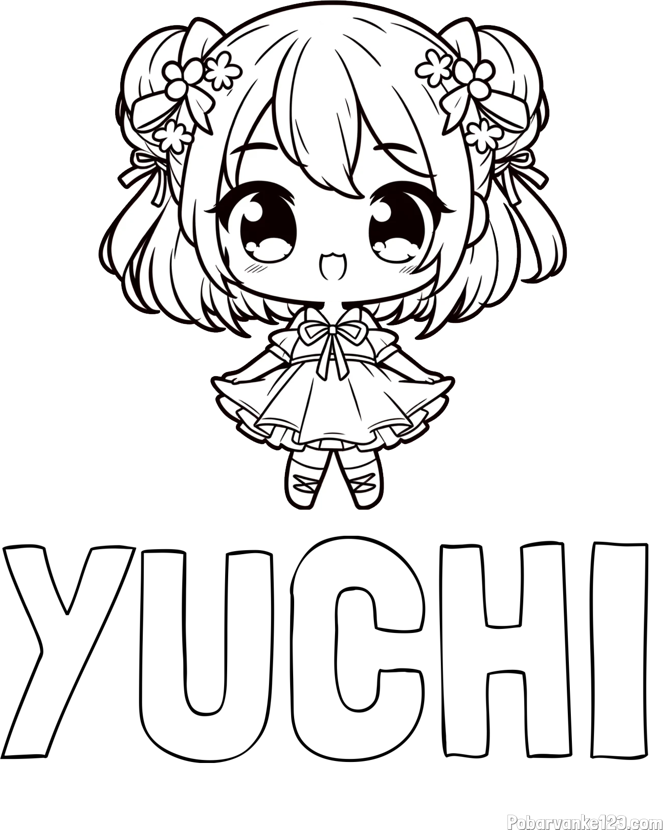 Pobarvanka imena YUCHI in otroška pobarvanka punčke v japonskem anime slogu