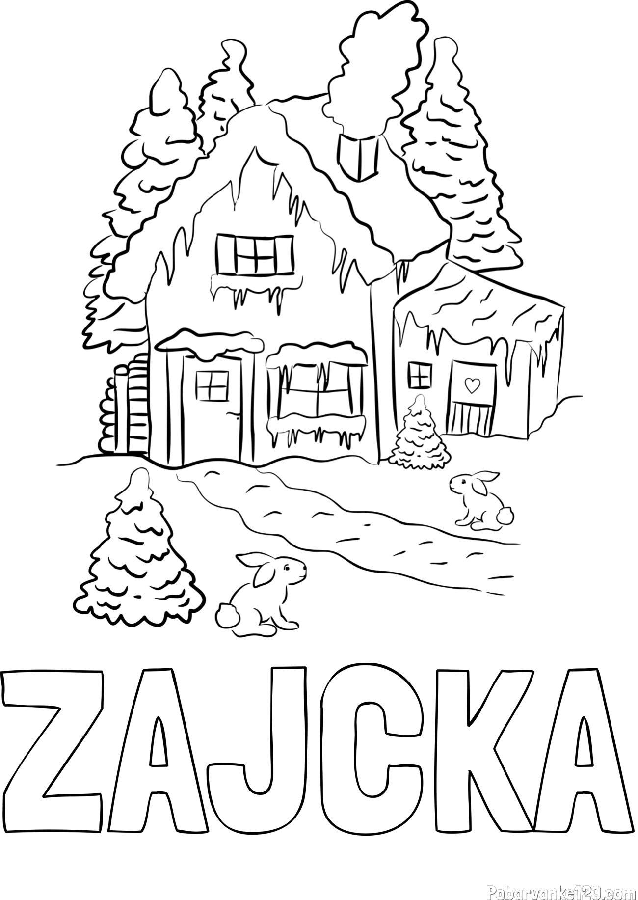 Pobarvanka imena ZAJČKA in pobarvanka zasnežene hiše