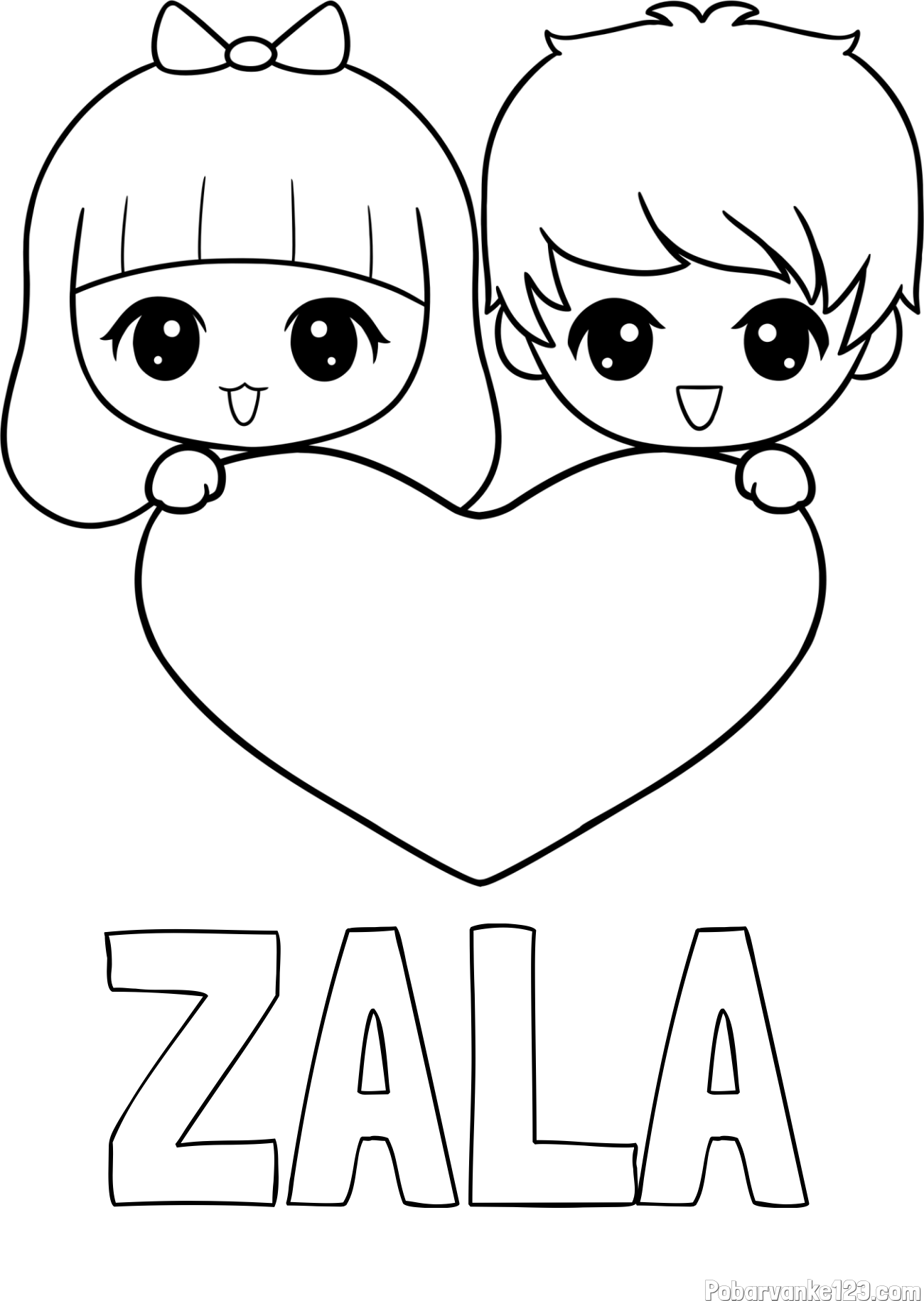 Pobarvanka imena ZALA in pobarvanka fantka in deklice, ki objemata srček