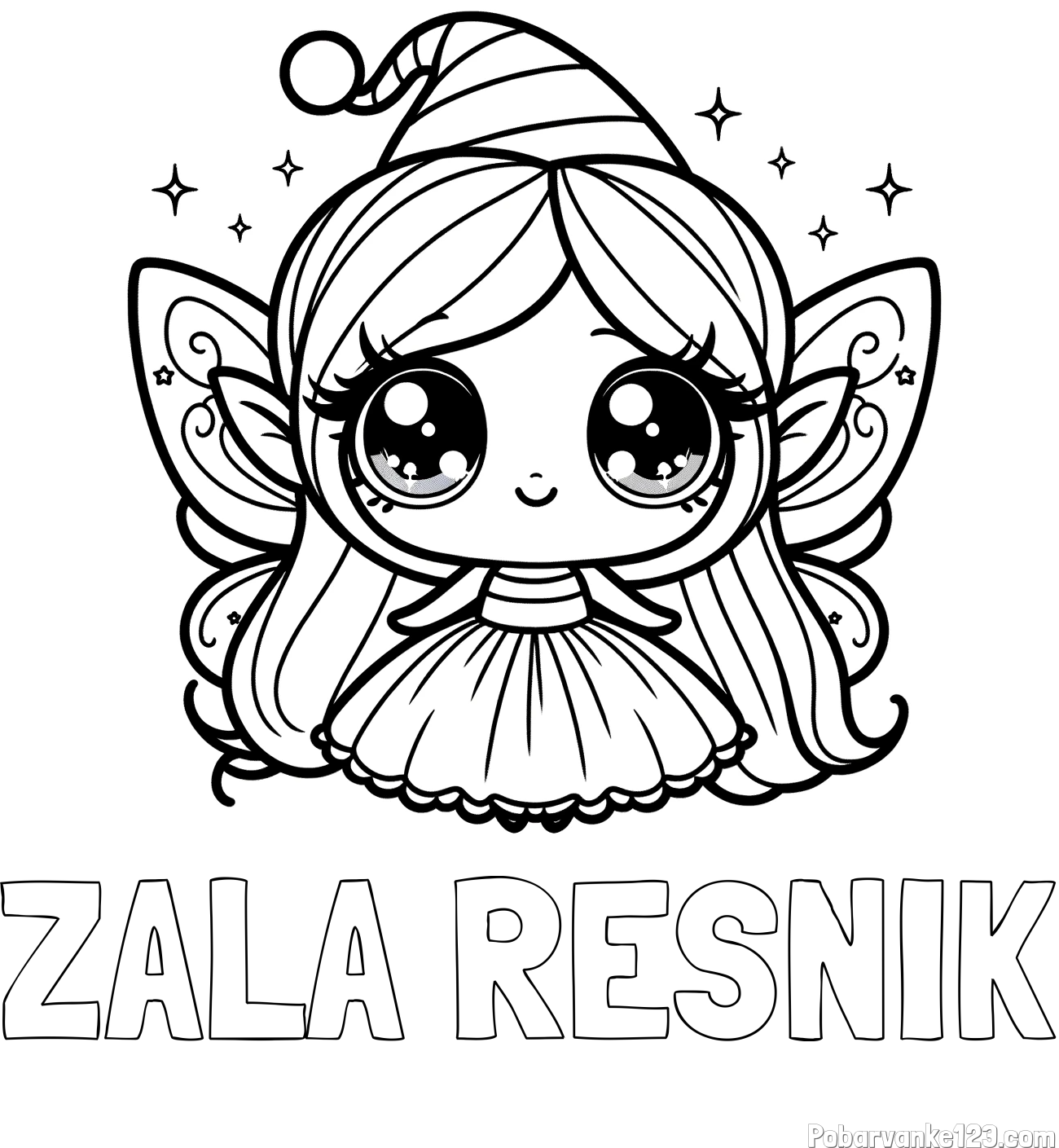 Pobarvanka imena ZALA RESNIK in pobarvanka ljubke čarobne vile z velikimi očmi