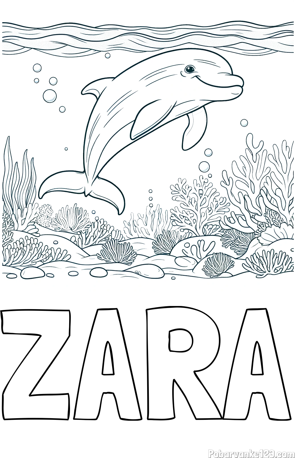 Pobarvanka imena ZARA in pobarvanka ljubkega delfina med plavanjem v morju