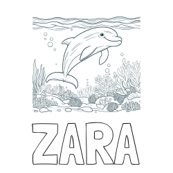 Online izdelana pobarvanka - Pobarvanka imena ZARA in pobarvanka ljubkega delfina med plavanjem v morju
