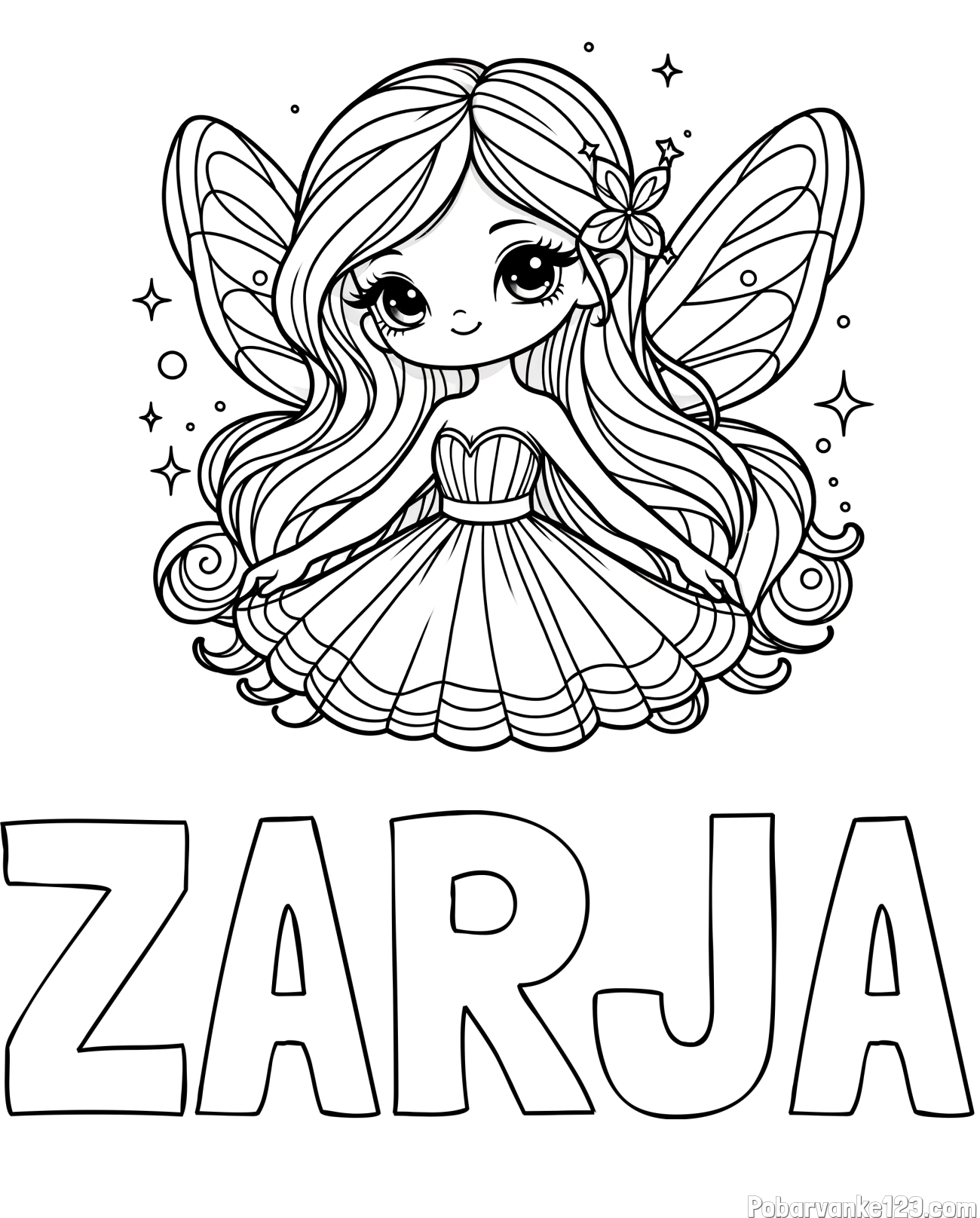 Pobarvanka imena ZARJA in pobarvanka ljubke in nasmejane čarobne vile