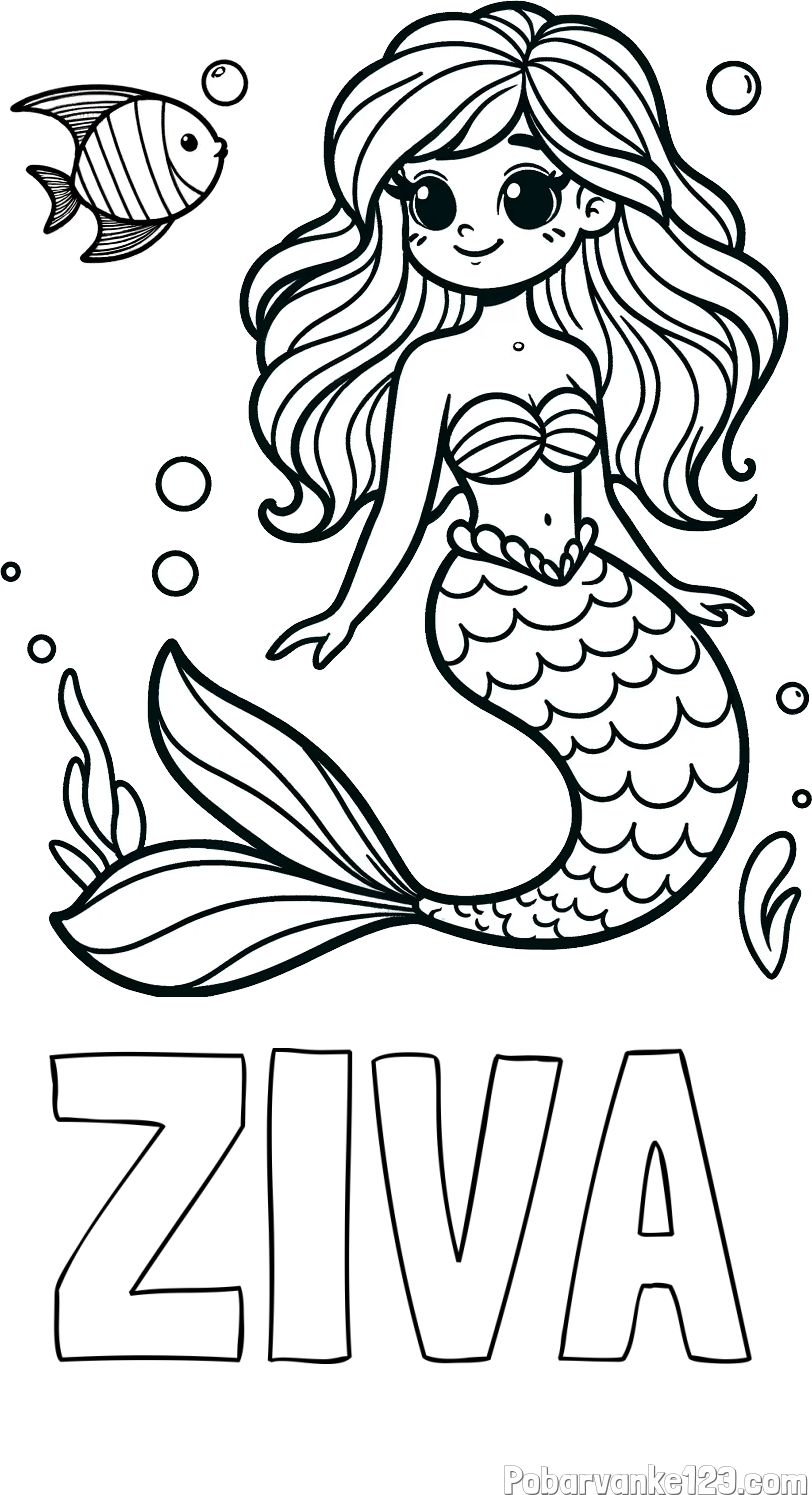 Pobarvanka imena ŽIVA in pobarvanka male morske deklice in ribice