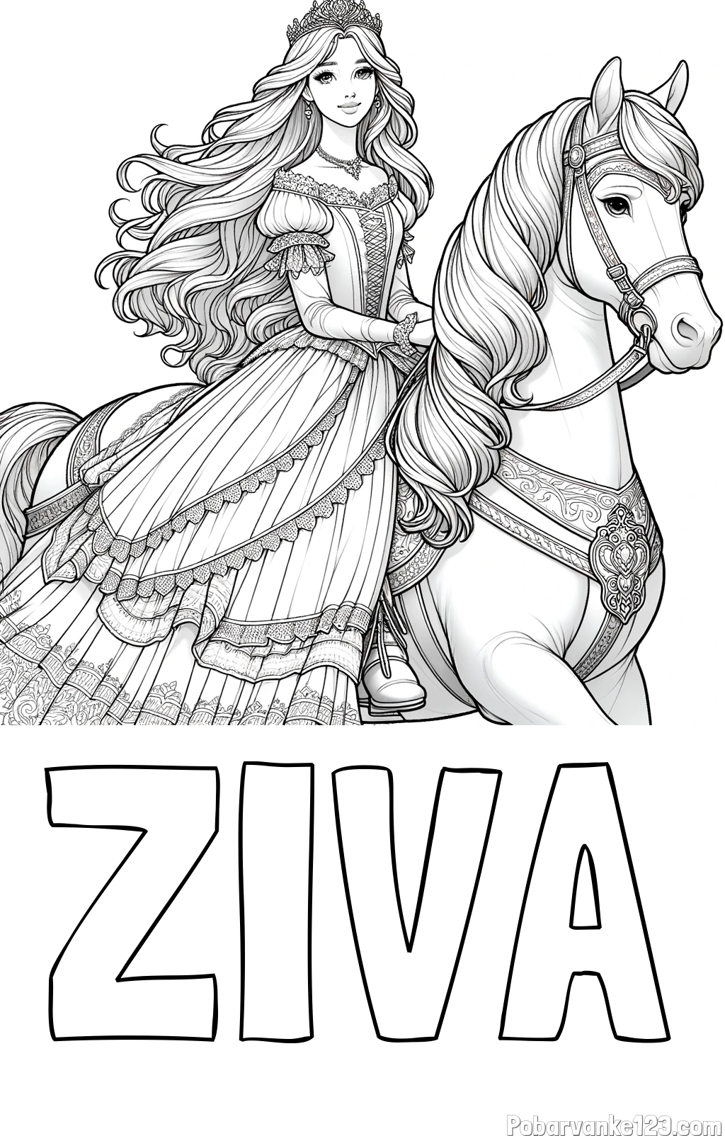 Pobarvanka imena ŽIVA in pobarvanka nasmejana princese na konju
