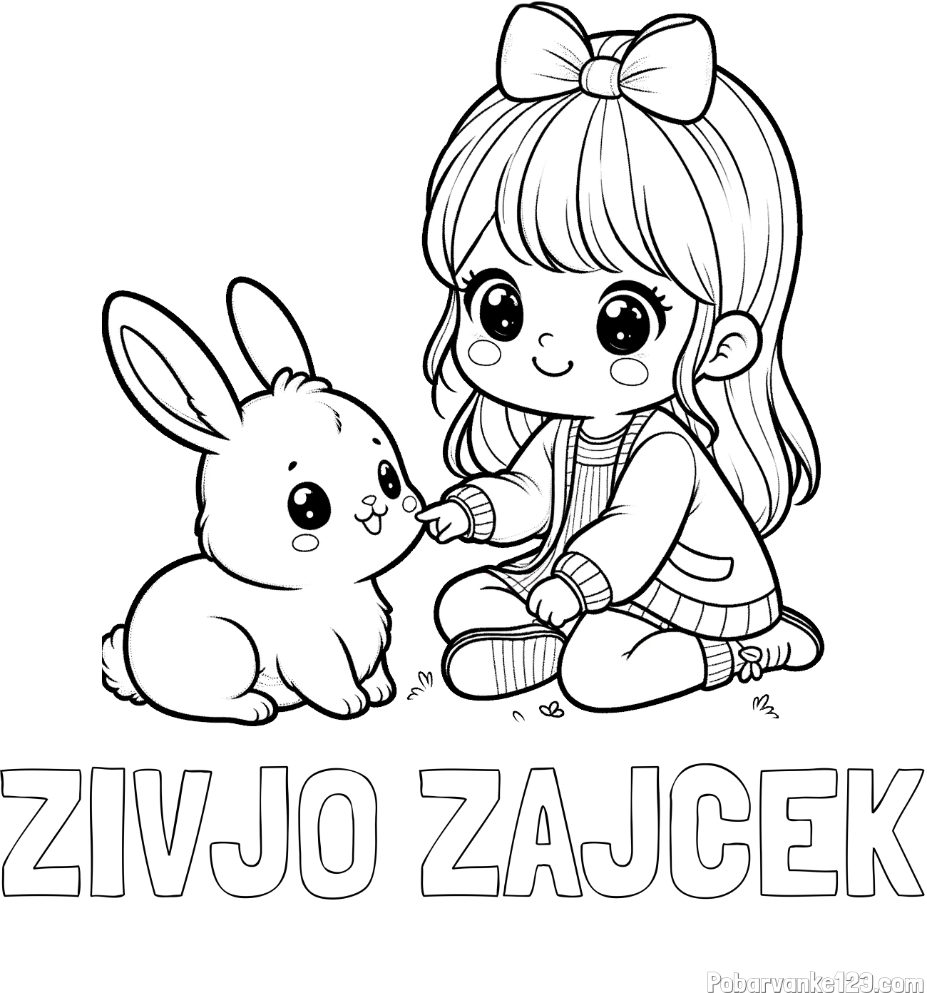 Pobarvanka imena ZIVJO ZAJCEK in pobarvanka ljubke punčke, ki se igra z zajčkom