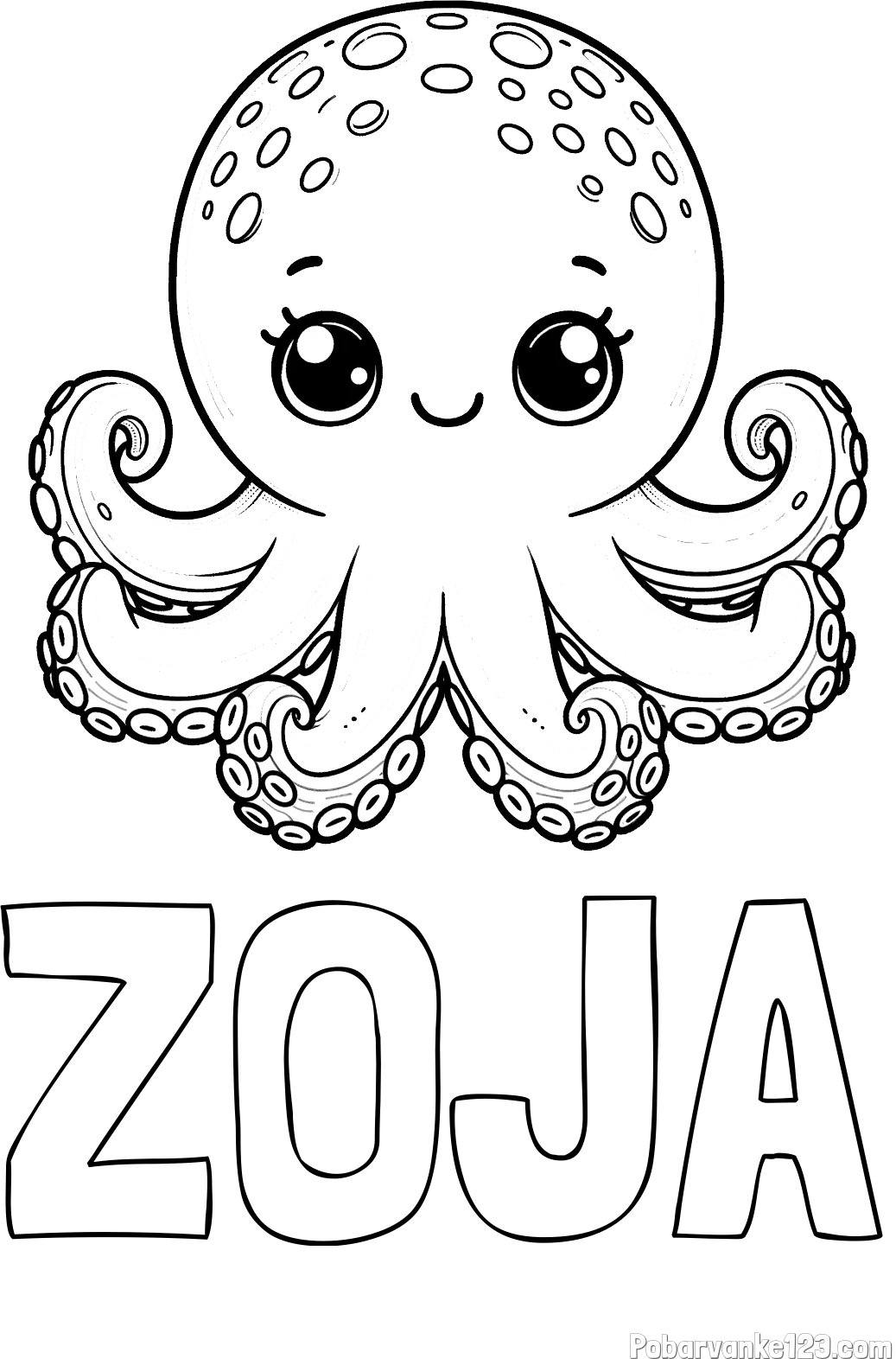 Pobarvanka imena ZOJA in otroška pobarvanka ljubke hobotnice