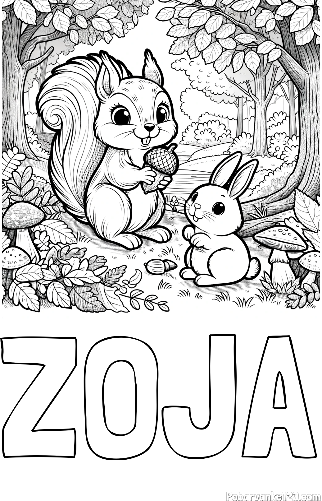 Pobarvanka imena ZOJA in pobarvanka veveričke in zajčka v gozdu