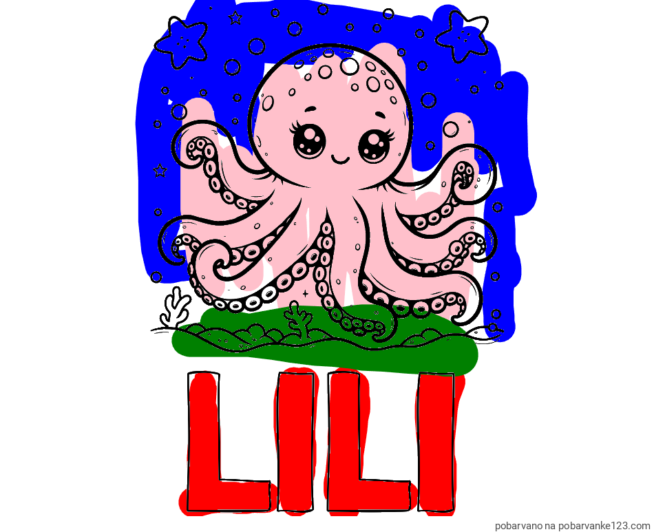 POBARVANA POBARVANKA - Pobarvanka imena LILI in pobarvanka hobotnice v morju obdane z morskimi zvezdami