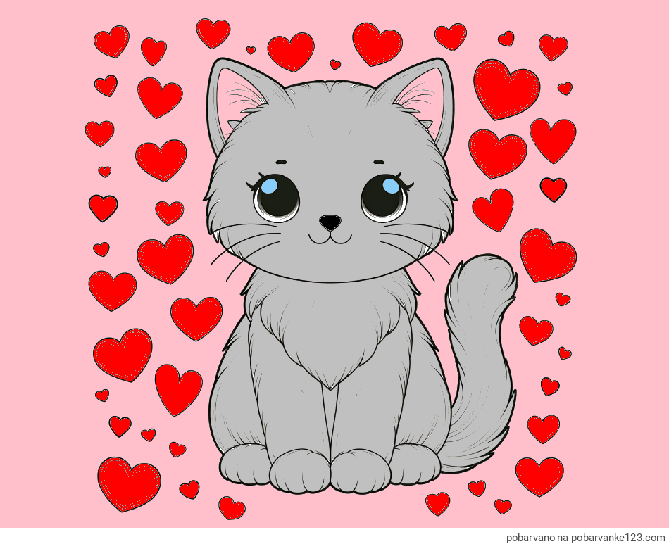 POBARVANA POBARVANKA - Pobarvanka ljubke mucke obdane s srčki