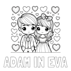 Online izdelana pobarvanka - Pobarvanka imena ADAM IN EVA in pobarvanka dveh zaljubljencev s srčki